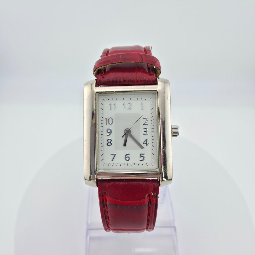 Ladies Watch‎ Rectangle Stainless Steel Case Red Alligator Leather Band 8"